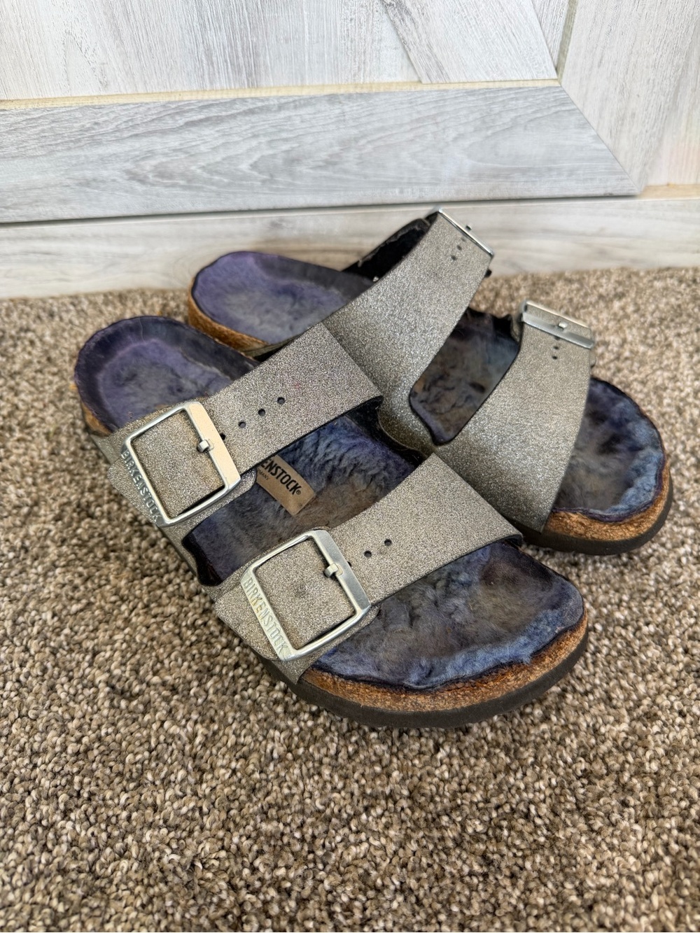 Birkenstock Arizona Glitter Dust Silver Purple Shearling Lined Sandal L7 M 5